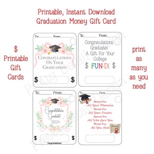 Printable Graduation Money Gift Cards, Graduation Printable for Male and Female Graduate, Graduation Card, Instant Download, Printable Gifts