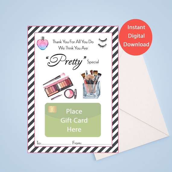 Printable Makeup Theme Thank You Gift Card Holder, Thank You Gift.