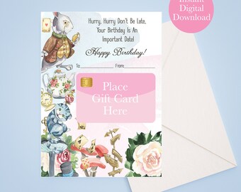 Alice In Wonderland Birthday Gift Card Holder, Alice In Wonderland Gift INSTANT DOWNLOAD, Tea Party Gift Card Holder, Last Minute Gift Card