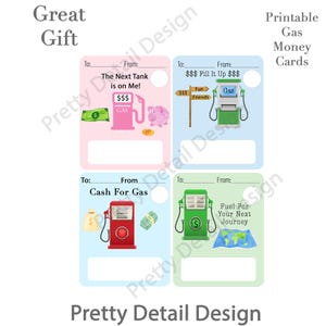 Puede incluir: Tarjetas de dinero para gasolina imprimibles con varios diseños. Una tarjeta presenta una bomba de gasolina rosa y una alcancía, otra una bomba verde. Las tarjetas tienen espacio para escribir "Para" y "De". El texto "Great Gift" está en la parte superior.