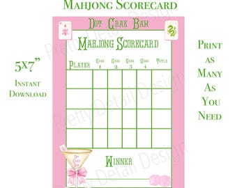 Printable Mahjong Scorecard, 5x7" Game Night Score Sheets, JPEG & PDF