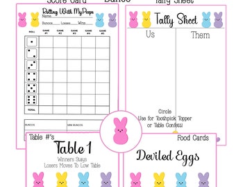 Easter Bunco BUNDLE  Bunco Scorecards, Tally Sheets, Table Numbers, Party Food Cards, Tags, Game Score Cards, Dice Game Scorecards,
