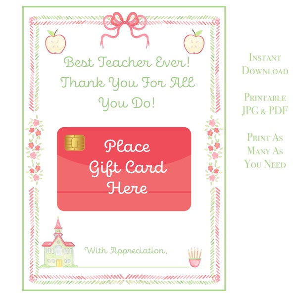 Teacher Appreciation | Gift Card Holder with School and Apple | Printable Download | Coffee | Target | for Teacher, Grand millennial, Preppy