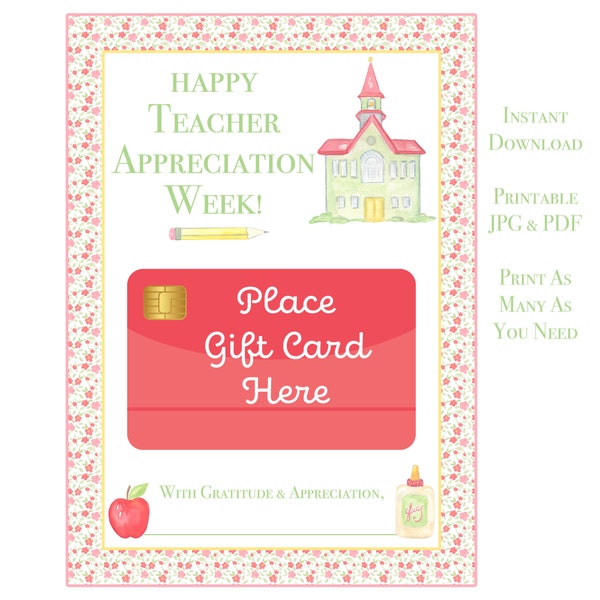 Teacher Appreciation | Gift Card Holder with School and Apple | Pink | Printable Download | Coffee | Target | for Teacher, Grand millennial