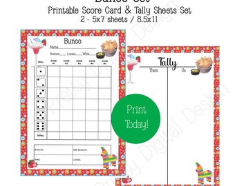 Bunco score card and Tally Set Fiesta - Margarita score sheet, bunko party, Bunco, printable template instant download, Fiesta Bunco