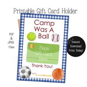 PRINTABLE Sports Camp Thank You Gift Card Holder, Gift for Sports Camp Counselor, Gift From Camper, End of Camp Card, Baseball Camp, Soccer