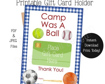 PRINTABLE Sports Camp Thank You Gift Card Holder, Gift for Sports Camp Counselor, Gift From Camper, End of Camp Card, Baseball Camp, Soccer