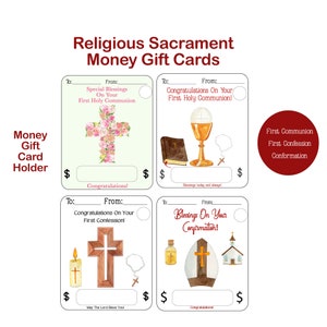 Tarjetas de regalo de dinero de sacramento religioso imprimibles PDF y PNG, regalo de primera comunión, primera confesión, titular de la tarjeta de dinero de confirmación, descargar