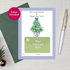 Blue and White Christmas Tree Gift Card Holder, Chinoiserie Holiday Card, Printable Instant Download, Oriental Porcelein Christmas Card Gift