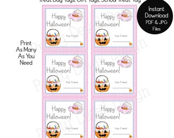 May include: Six printable Halloween treat bag tags with a pink and white checkered background. Each tag features a cartoon pumpkin with a basket of candy, a witch's hat, and the text "Happy Halloween!" with a blank space for a name.