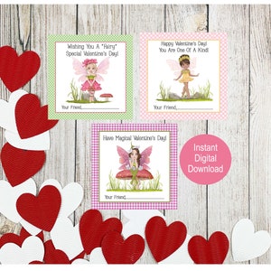 Printable Fairy Valentine Tags, Kids Valentine Day Cards, School Valentines Gift Tag, Flower Fairy, Valentine Printable Gift Tags,  PDF