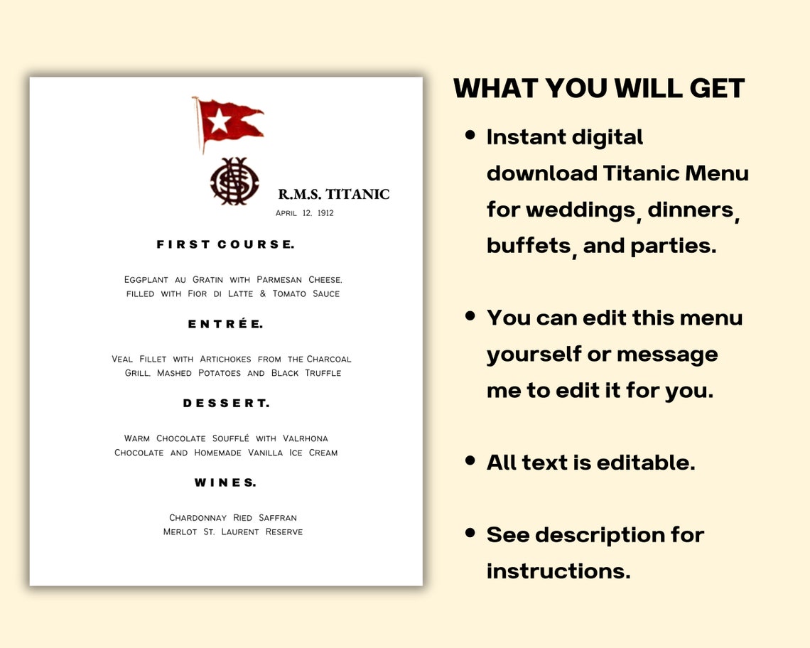 Titanic Dinner Menu Printable Template, Titanic Wedding Editable Menu ...