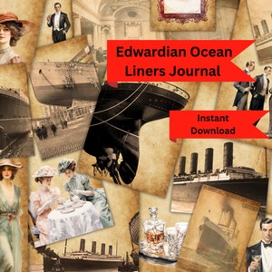 Diario de chatarra de transatlánticos de la época eduardiana, páginas de álbum de recortes de barcos de vapor de la década de 1910, hojas de collage de efímeras de transatlánticos antiguos, descarga digital