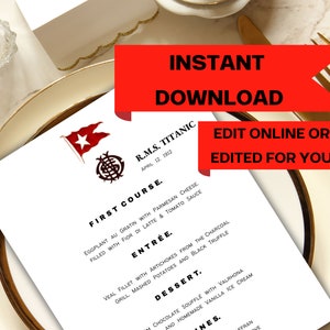 Titanic Dinner Menü druckbare Vorlage, Titanic Hochzeit bearbeitbares Menü, Titanic Geburtstagsparty Menü für Kinder, RMS Titanic Party, Instant Download