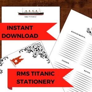 Set di cancelleria Titanic, carta da lettere, logo White Star Line, agenda giornaliera RMS Titanic, quaderno Titanic, lista della spesa, download immediato