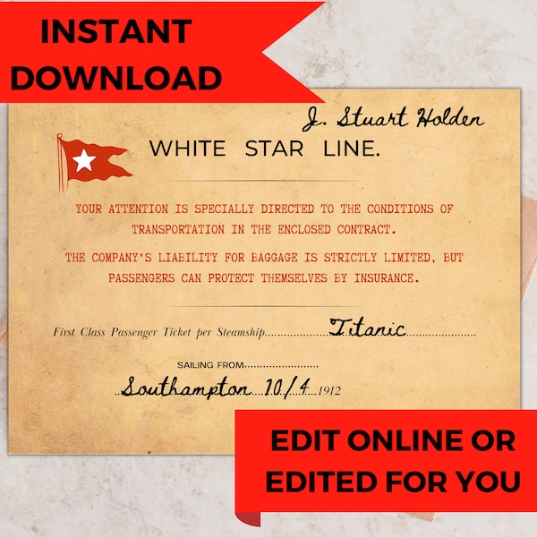 Plantilla imprimible de la tarjeta de embarque del Titanic, invitación de boda editable, boleto para la fiesta de cumpleaños del Titanic para niños, descarga instantánea del RMS Titanic