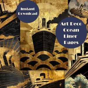 Páginas de diario basura de transatlánticos estilo art déco, diseños de álbumes de recortes de barcos de vapor de los locos años veinte, descarga digital de transatlánticos antiguos