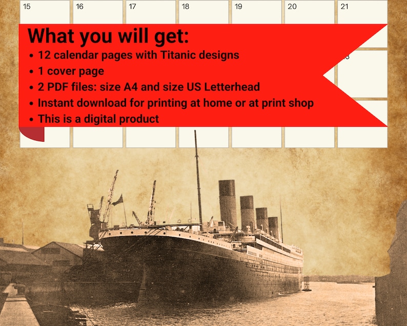 Titanic Calendar 2024, Titanic Digital Download, Vintage Titanic