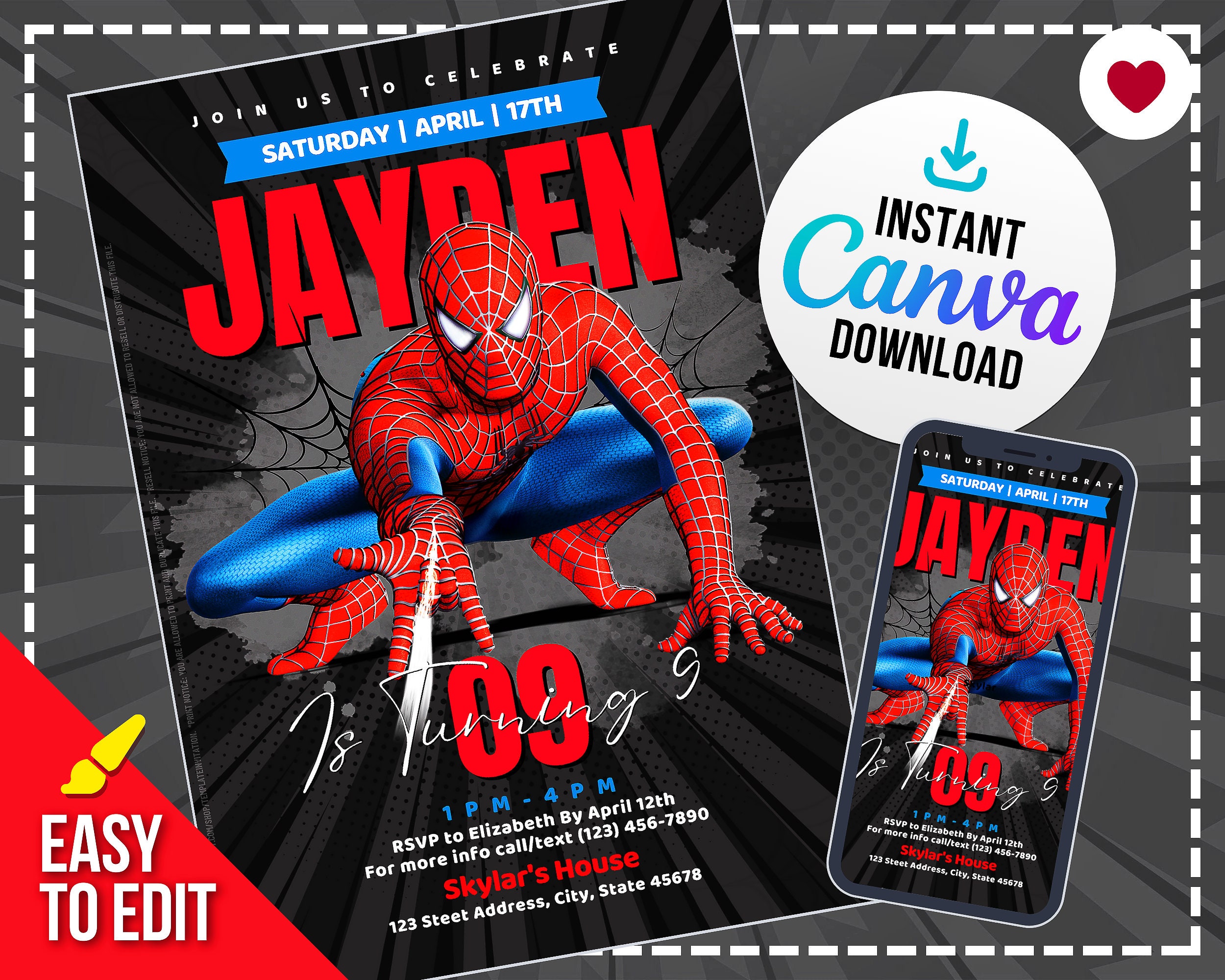 Spiderman Invitation Template Editable Birthday Party Invitation Digital  Kids Party Invite Template Kids Party Invite Spider-man 