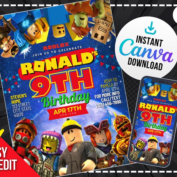 Roblox ngundang undhangan ulang tahun Roblox undhangan Roblox Undangan Roblox Birthday Birthday Anak Ulang Ulang Masehi Pesta Pakaian Digital 5x7