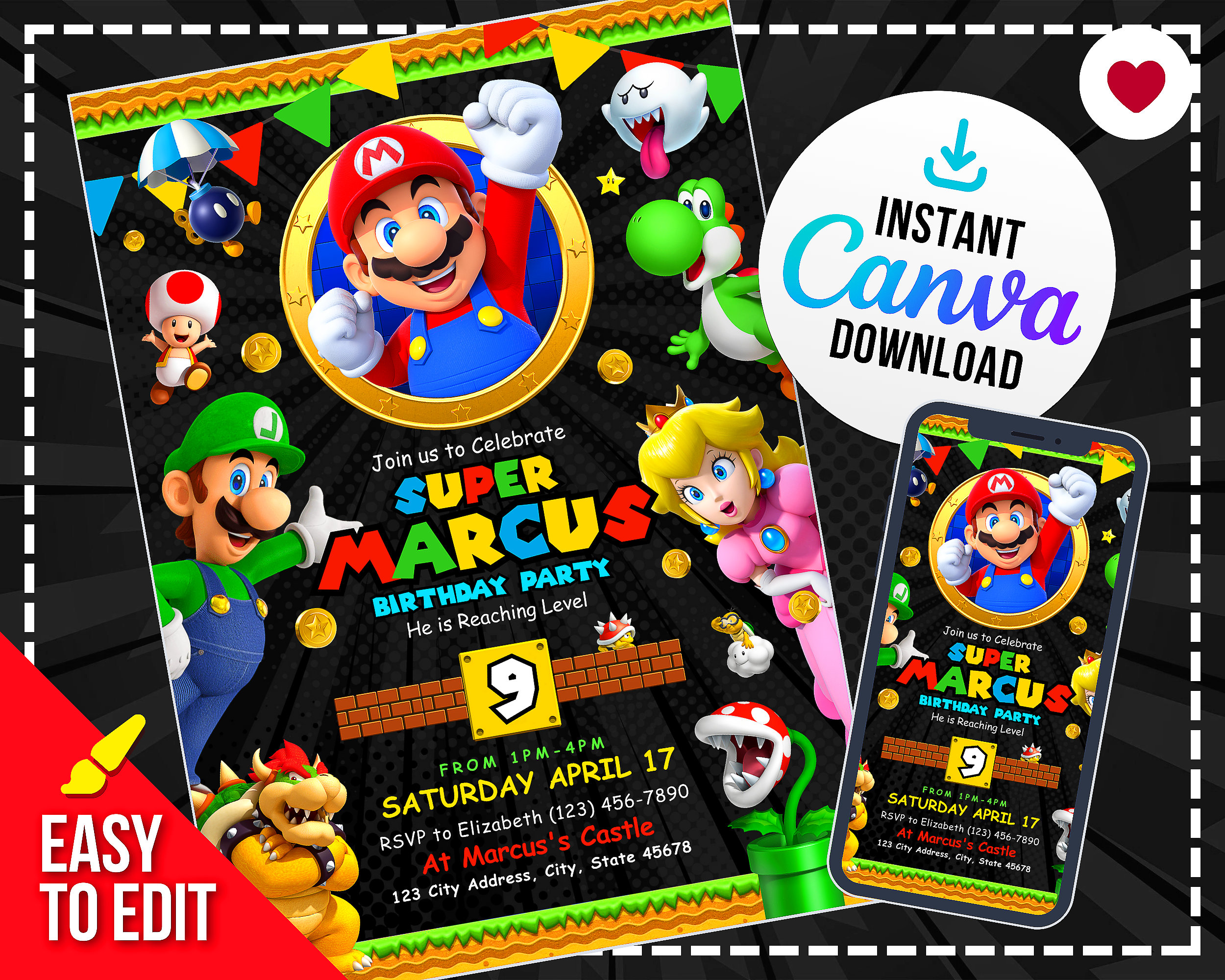 ALLPICK Lot de 20 cartes d'invitation Super Mario Bros pour anniversaire  d'enfant Thème Mario
