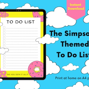 Elenco delle cose da fare a tema Simpson, appunti, cartone animato, ciambella, A4, stampa a casa, download digitale, giallo, ciambella rosa