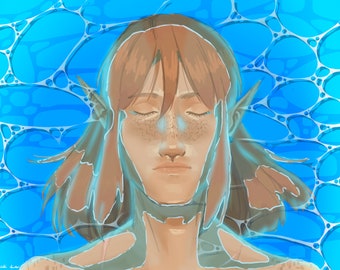 May include: A digital painting of a person with brown hair and closed eyes. The person is surrounded by a blue and white pattern of bubbles.