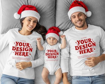 Family Christmas Mockup | Bella Canvas White 3001 & Baby Bodysuit | Mom Dad First Christmas