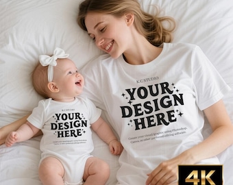 Mommy and Me White T-Shirt, Baby Onesie Mockup, Mother Daughter Set (4K Digital Download)