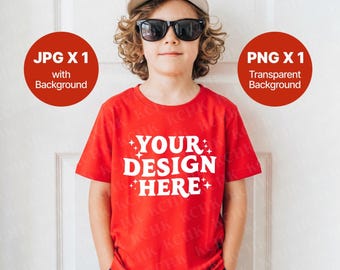 Gildan 5000B Kids Red T-shirt Mockup, Youth Boy Shirt, Kid Model Mockup PNG & JPG