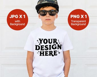 Gildan 5000B Kids White Shirt Mockup Trendy Youth Boy Model Mockup PNG & JPG