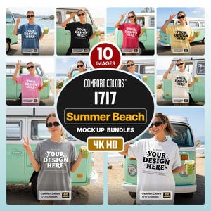 May include: A collection of ten t-shirt mockups featuring various colors including blue, black, red, yellow, pink, and white. Each shirt displays the text YOUR DESIGN HERE with star accents. The shirts are shown in front of a light green vintage van.