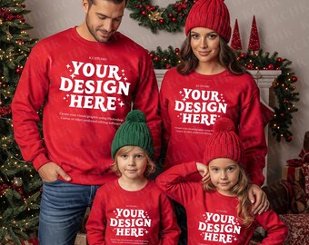 Gildan 18000 Family of Four Mockup | Red Christmas Crewneck Parents Kids Boy Girl JPG