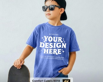 Youth Comfort Colors T-Shirt Mockup – Washed Fio Blue, Skater Tee (4K Digital Download)