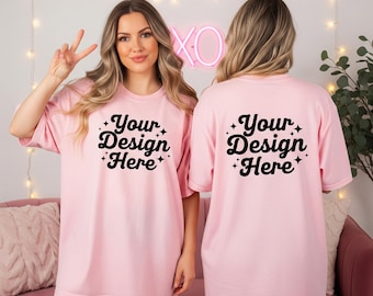 Maqueta de camiseta rosa claro Gildan 5000 (anverso y reverso, JPG)