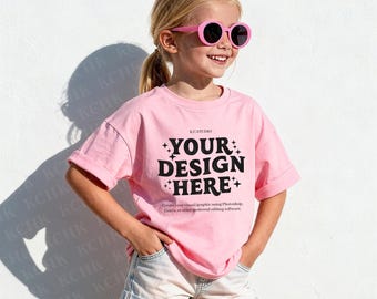 Comfort Colors 1717Y Mockup, Youth Light Pink T-Shirt Mockup, Blonde Girl Sunglasses 4K HD Download