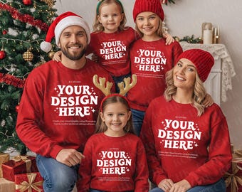 Christmas Family Mockup: Red Gildan 18000 Parents & Kids Sweatshirt Set, Holiday Matching Crewneck Outfit