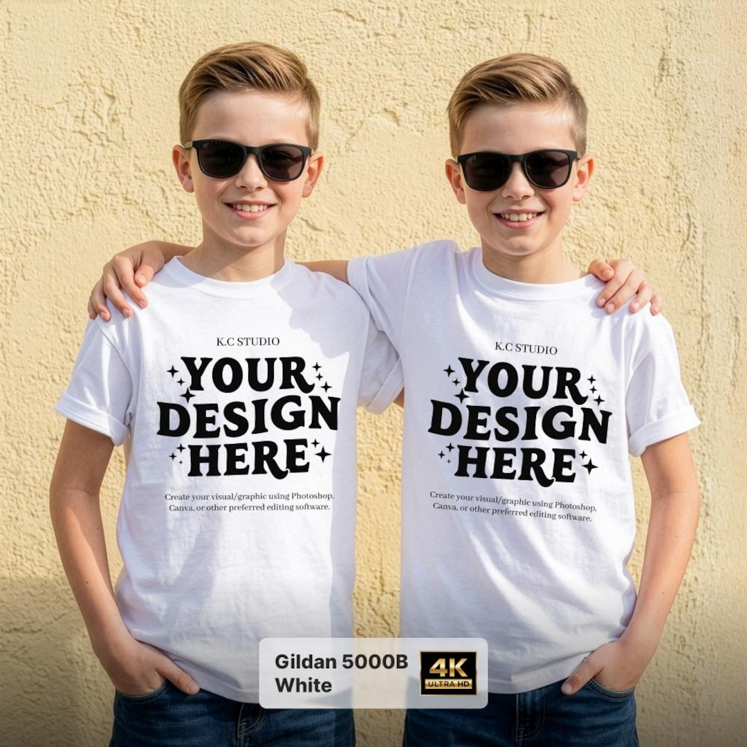 Gildan 5000B Mockup, Two Kids White T-shirt, Youth Boys Siblings ...