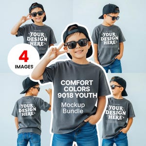 May include: A mockup bundle featuring a gray t-shirt with the text "COMFORT COLORS 9018 YOUTH" and "YOUR DESIGN HERE". The image shows a young person wearing the shirt, sunglasses, and a black cap. The words "Mockup Bundle" are also visible.
