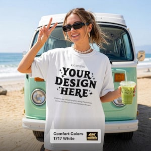Comfort Colors 1717 White T-Shirt Mockup, Beach VW Van Retro Style (4K Download)