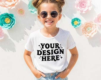 White Bella Canvas 3001Y T-shirt Mockup - Trendy Girl Model, Youth Mockup