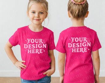 Maqueta de camiseta juvenil en colores rosa neón (descarga digital)