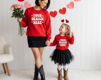Red Mommy and Me Sweatshirt Mockup | Valentine's Day, Cowgirl (JPG)
