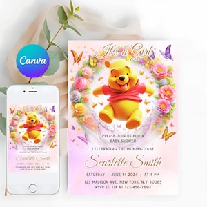 Editable Winnie the Pooh Baby Shower Invitation, Pink Winnie The Pooh Invitation, Digital Invitation Its a Girl, Pooh Printable Template