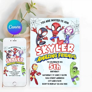 Watercolor Spidey and his Amazing Friends Birthday Party Invitation, Superhero Birthday Invite, Editable Template, Mobile Invite, Printable