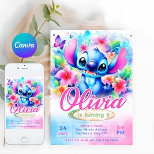 Modello modificabile per invito di compleanno Stitch, invito di compleanno modificabile Canva, invito per festa di compleanno Stitch, modello di invito Canva