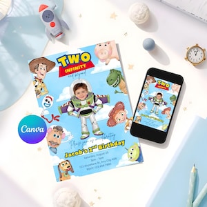 Toy Story Birthday Invitation with Photo - Buzz Lightyear Two Infinity and Beyond Party Invite - Editable Canva Template (Digital)