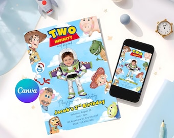Toy Story Geburtstagseinladung mit Foto - Buzz Lightjahre zwei Infinity und Jenseits Party einladen - Bearbeitbare Canva Vorlage (digital)