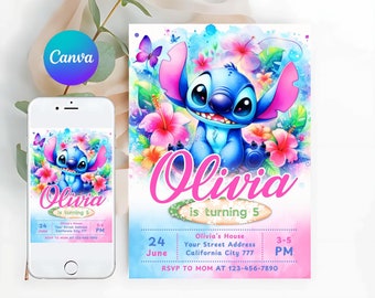 Plantilla editable de invitación de cumpleaños de Stitch, invitación de cumpleaños editable de Canva, invitación de fiesta de cumpleaños de Stitch, plantilla de invitación de Canva