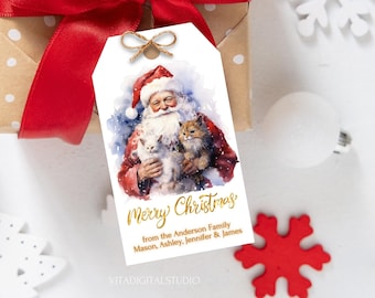 Christmas Gift Tag Editable Holiday Party Favor Tag Printable Christmas Santa Claus and Cute Cats Gift Tag DIY Merry Christmas Label